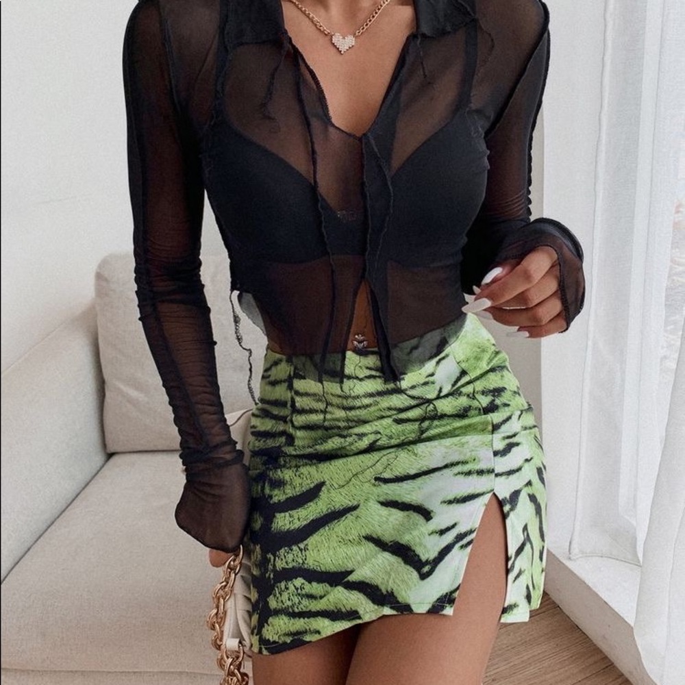 Mesh Long Sleeve Button Down Top